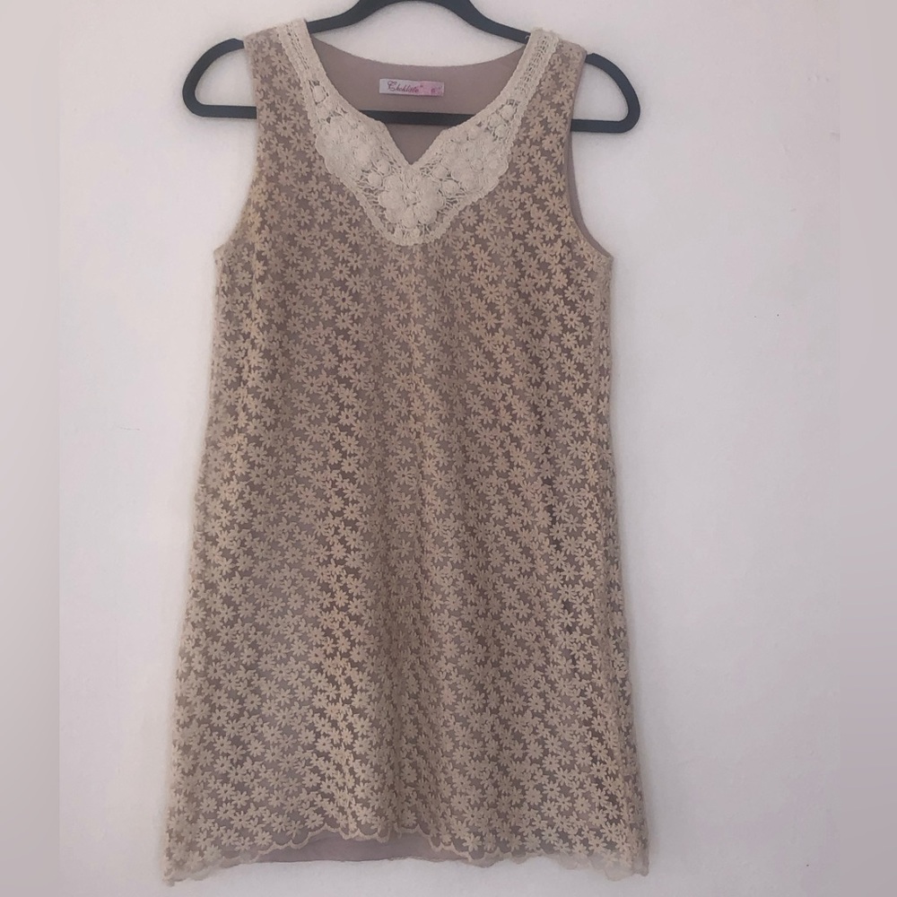 Choklate Beige Khaki Crochet Shift Dress Size S